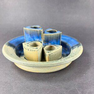 Gandee Stoneware Pottery Candelabra Candle Holder Drip Tray Blue Taper